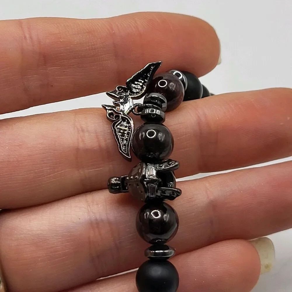 Artisan Healing Hematite Red Jasper Matte Black Beaded Bracelet 7.5in